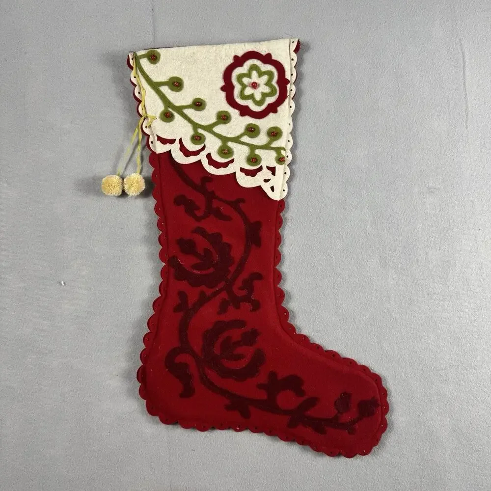 Pier 1 Set Of 2 Vintage-Style Christmas Stockings with Intricate Felt Appliqué